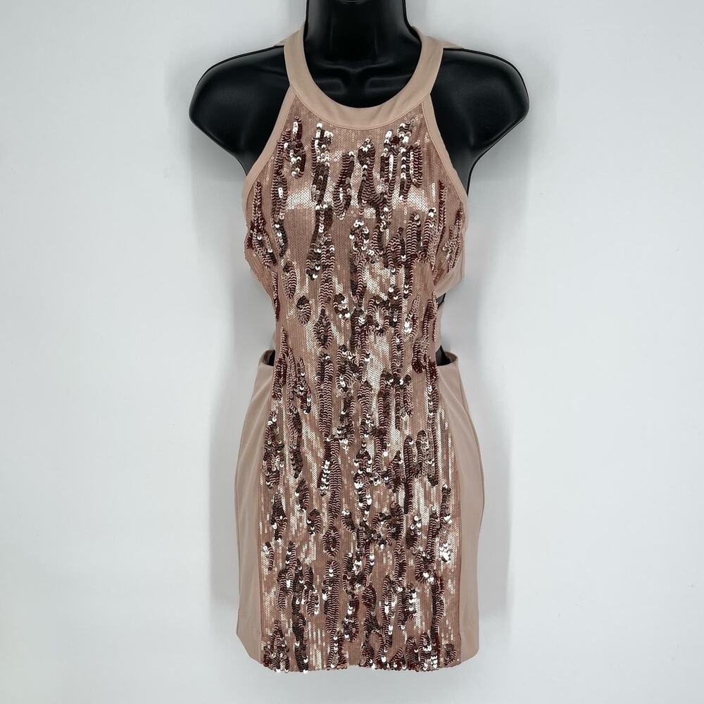 bebe Women's Textured Sequins Halter Cutout Bodycon Dress Size XS Rose Gold